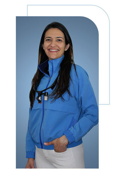 a woman wearing a blue jacket